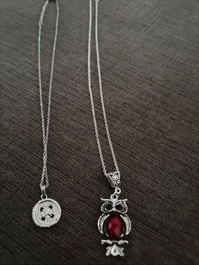 Silver Owl Pendant Necklace with Red Gem. Silver button pendant necklace. 18 in